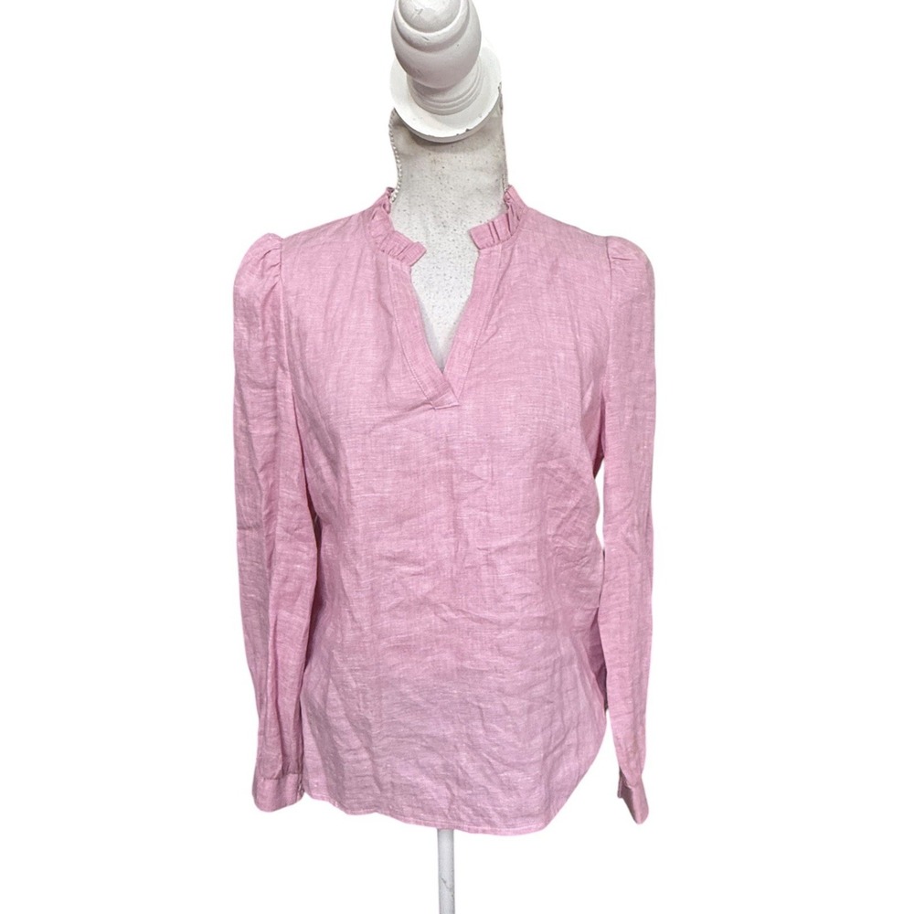 Boden Top Size US 6 Pink Grace Linen Ruffle Neck Blouse Shirt‎ Long Sleeve